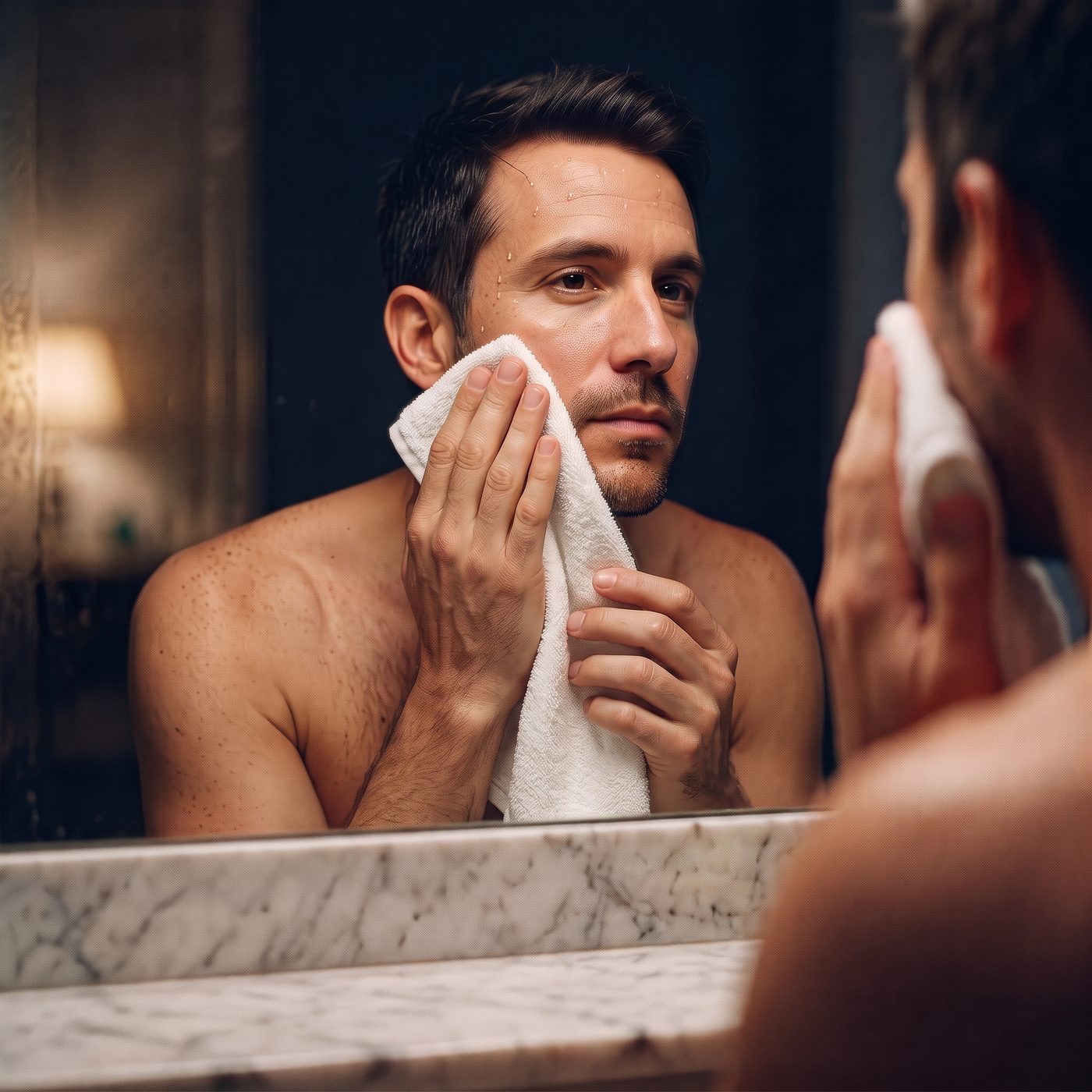 Hombre secándose la cara con una toalla antes de aplicar NOX men