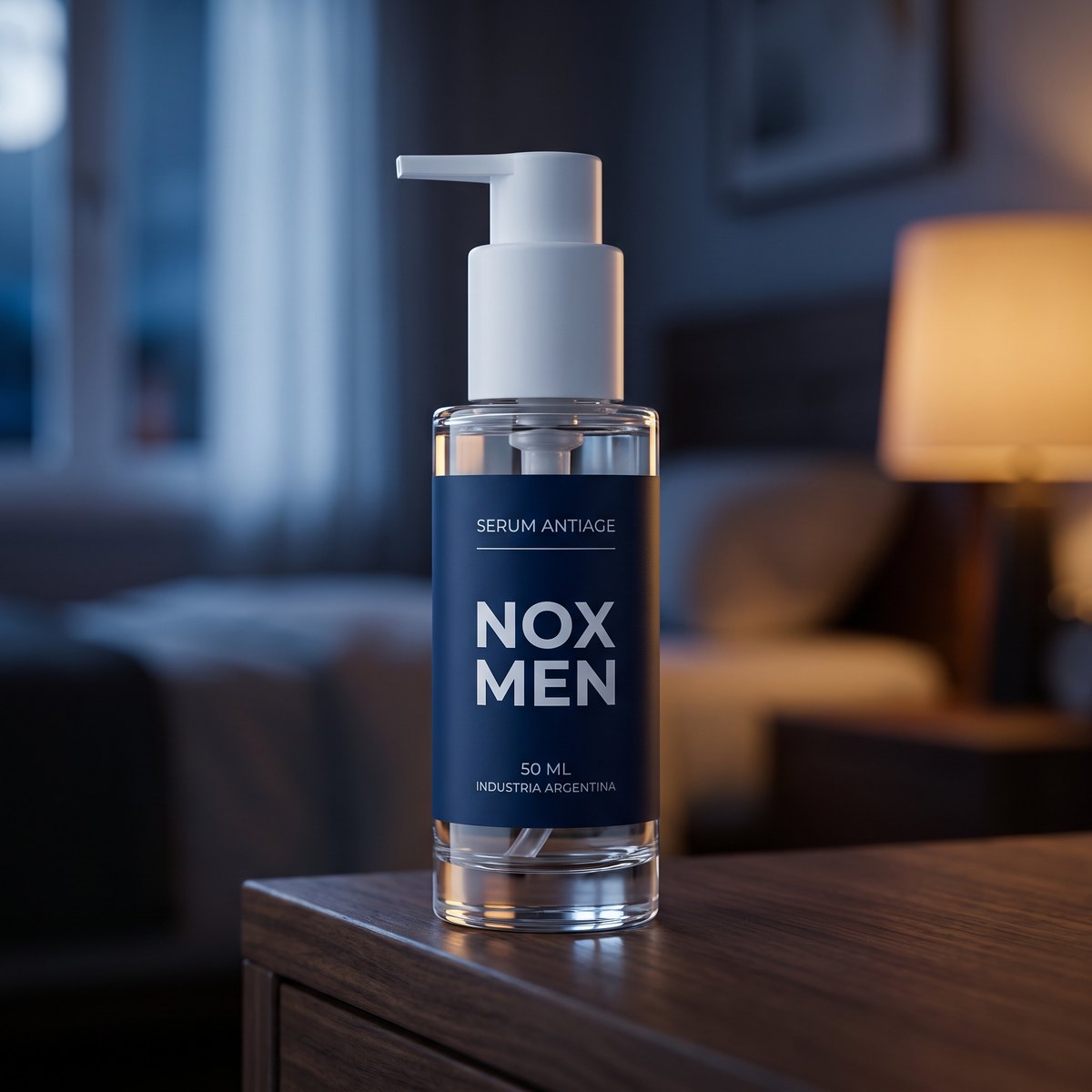 El serum NOX men apoyado en una mesa de luz, con la habitación en penumbra al fondo